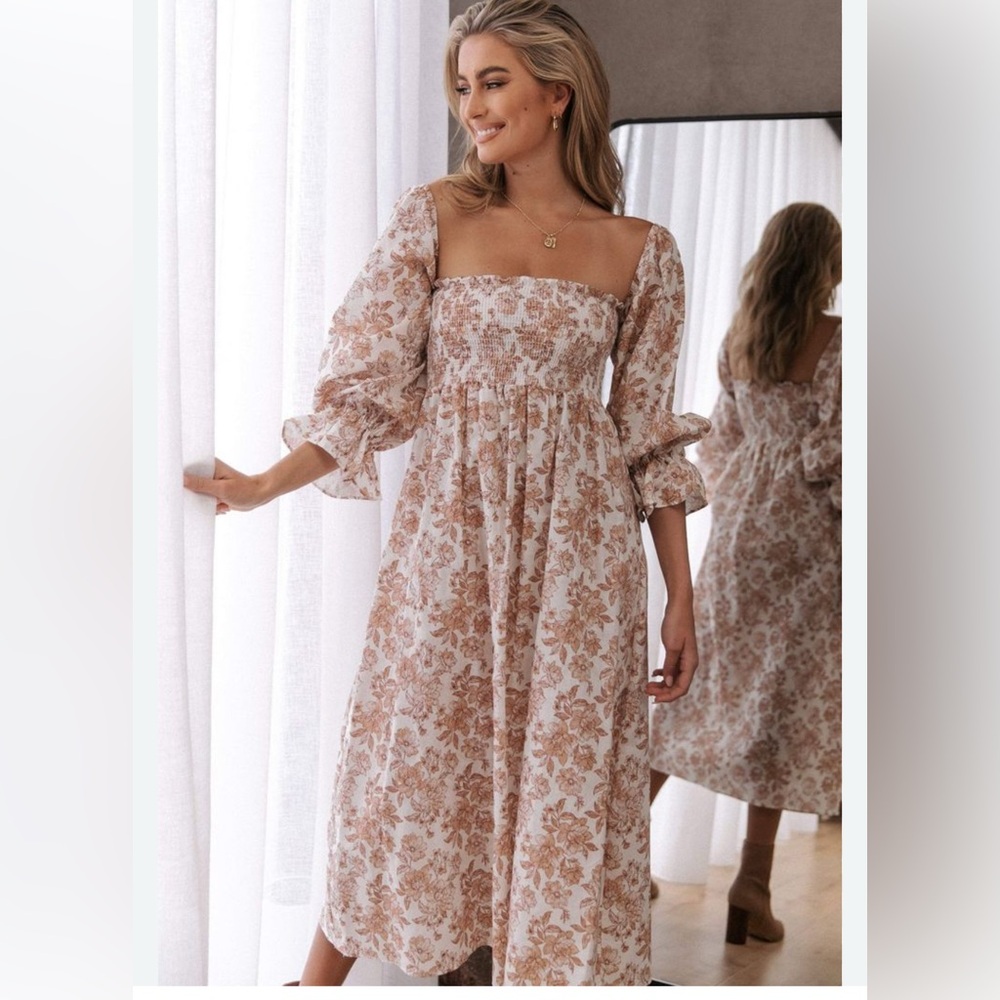 Petal & Pup Womens Gabriella Linen Cotton Midi Dress Tan Floral Size 6